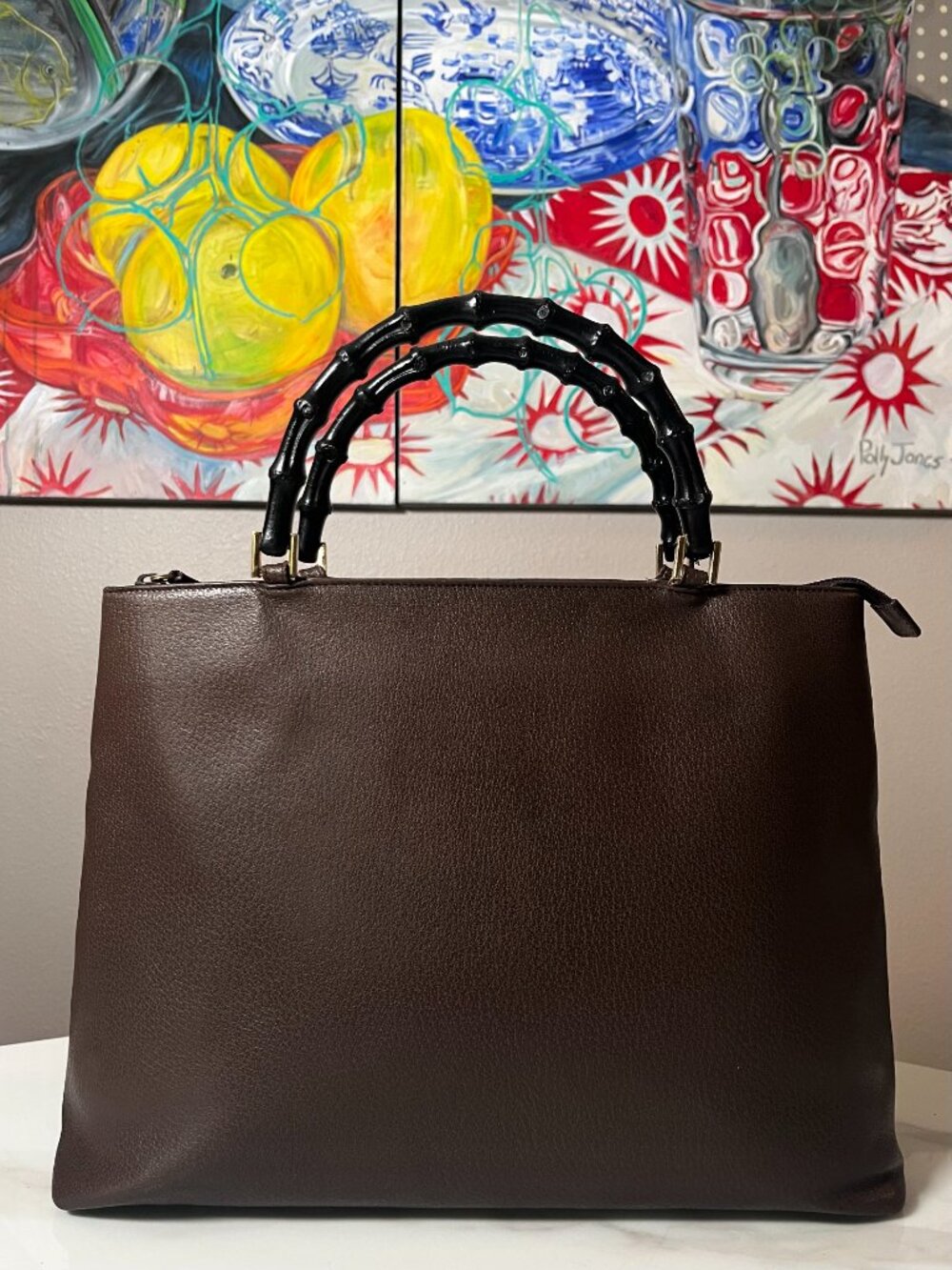 Gucci Brown Leather Top-Handle Tote with Black Bamboo Handles